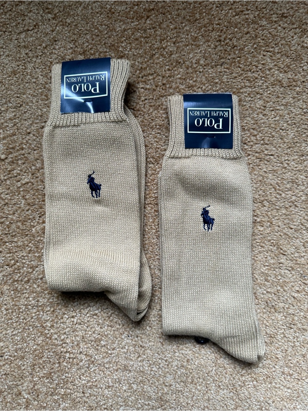 Polo by Ralph Lauren Tan Crew Socks with Navy Pony 2 pairs